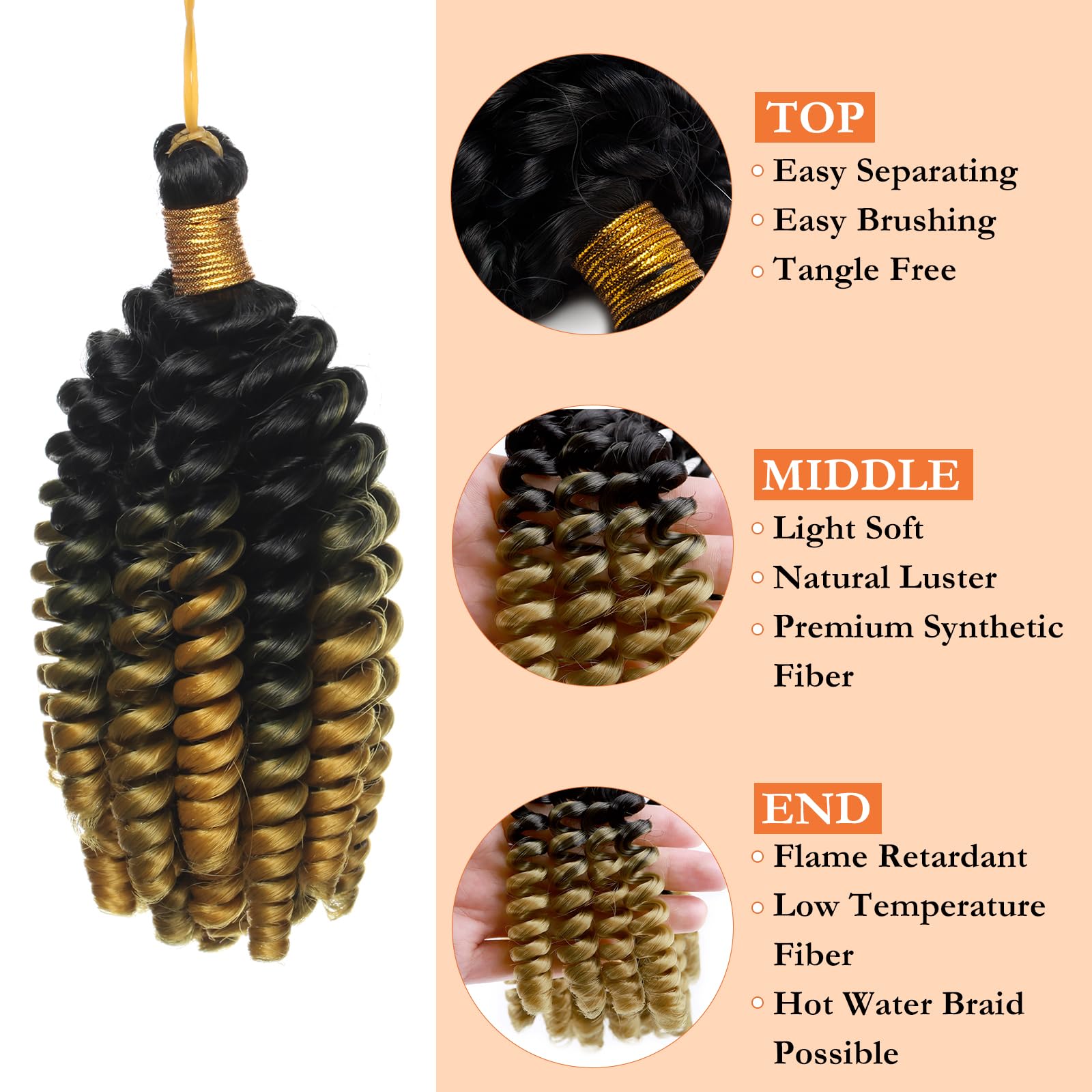 S-noilite Jamaican Bounce Crochet Hair 6 inch,Jumpy Wand Curls Short Pre Looped Curly Crochet Braids Hair-Extension Synthetic for Black Women,3 pack 180g,Black to Golden - Image 3