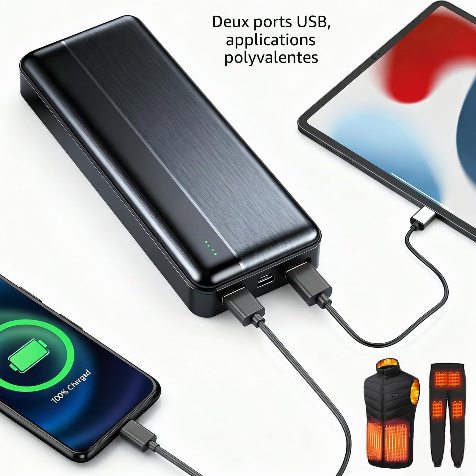 Ahigh Batterie 20 000 mAh, banque d'alimentation 5 V pour gilet, veste, manteau, pantalon et sous-vêtements chauffants, batterie de rechange pour vêtements chauffants