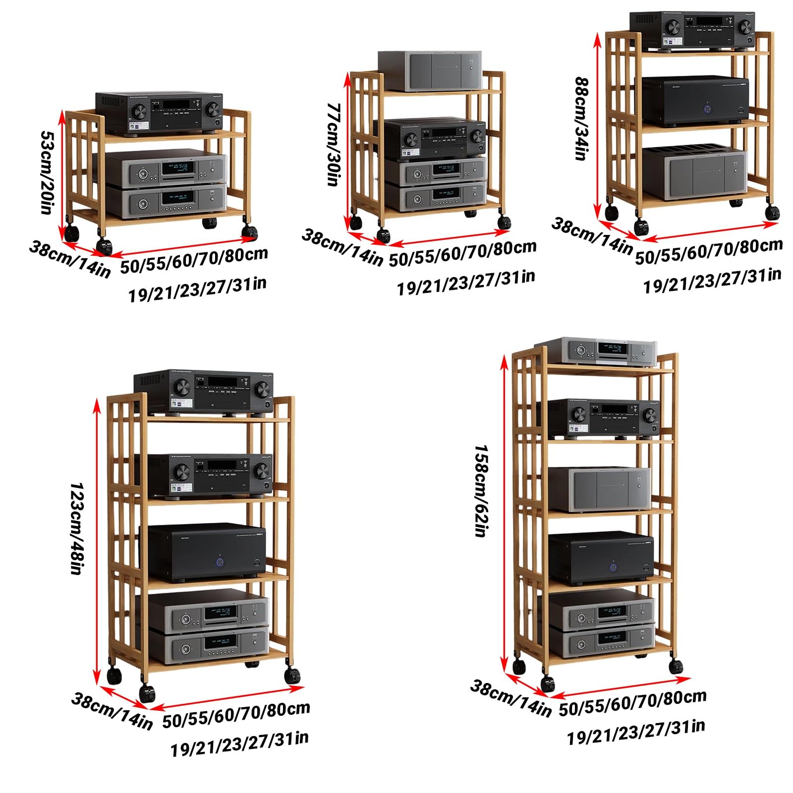 Scaffale multimediale AV a 2/3/4/5 livelli, rack audio, supporto per lettore CD, scaffale stereo domestico con ripiano regolabile in altezza e ruote per home office e home cinema (marrone, 50 x 53 cm)