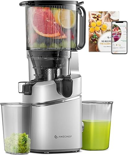 AMZCHEF Exprimidoras de 5.8 pulgadas extra autoalimentadas en frío para verduras y frutas enteras, máquina extractora de jugo con barrena grande y