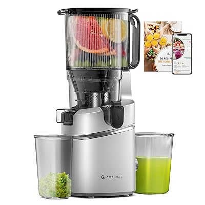 AMZCHEF Juicer Machines, 5.8" Extra Self-Feeding Cold Press Juicer for Whole Vegetable & Fruit, Juice Extractor Machine with Large Auger & Triple Strainers, Easy to Clean, High Juice Yield