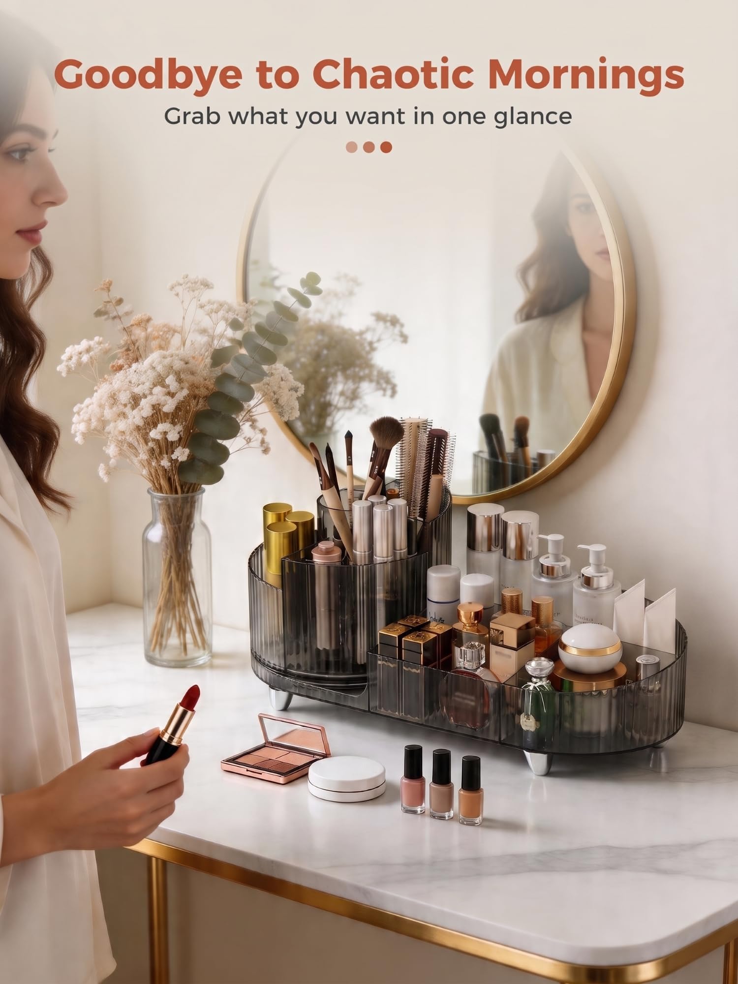 Booklov Modern Elegant Make-up-Organizer, Kosmetik-Display-Case, Schwarz, Poliert, 360° drehbar, 9 Fächer, für 30 Kosmetikartikel, Hochwertiges PET-Material, Tischplatte, 1 Stück