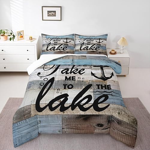 Miniatura 5 de Juego de ropa de cama de cabaña de lago, juego de edredón rústico de 3 piezas, color azul claro, gris, rayas de madera, edredón acolchado para