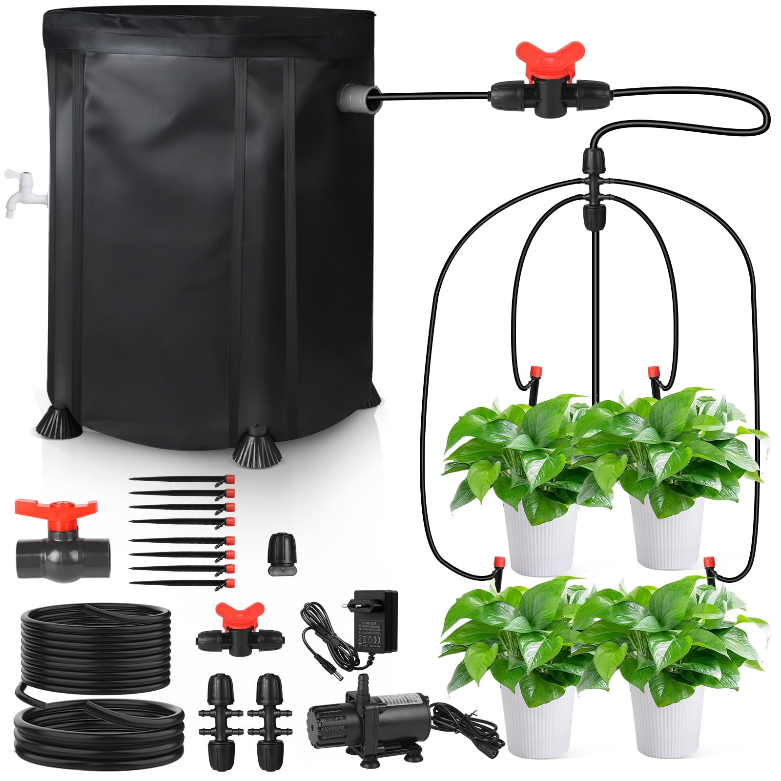 SWAWIS Kit Irrigazione a Goccia 100L Pompa 25 W Kit fai da te Sistemi di Irrigazione 8 Gocciolatori regolabili per Prato, Giardino, Orto