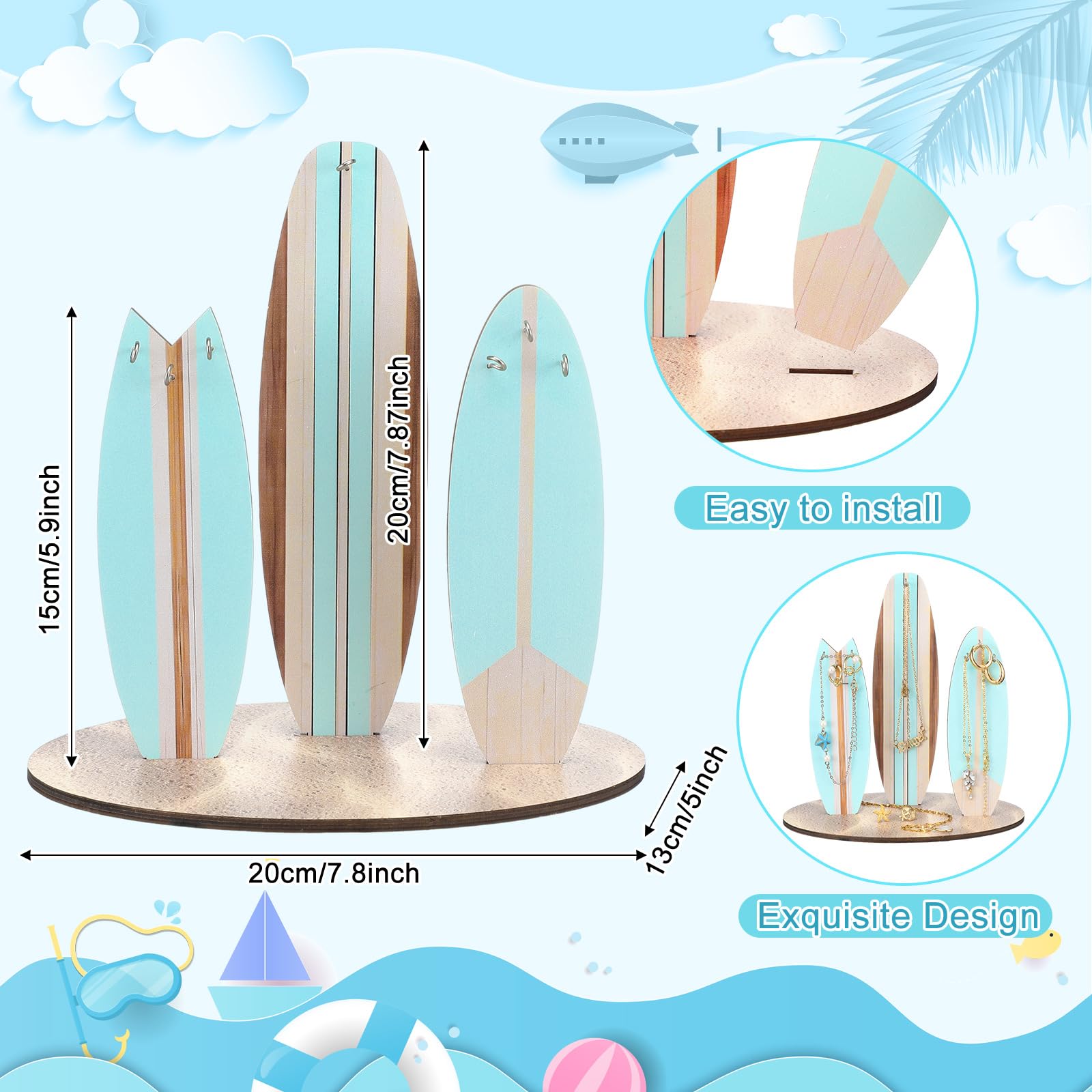 Pink Surfboard Jewelry Organizer Stand - Preppy Necklace Bracelet Holder, Beach Themed Coastal Decor