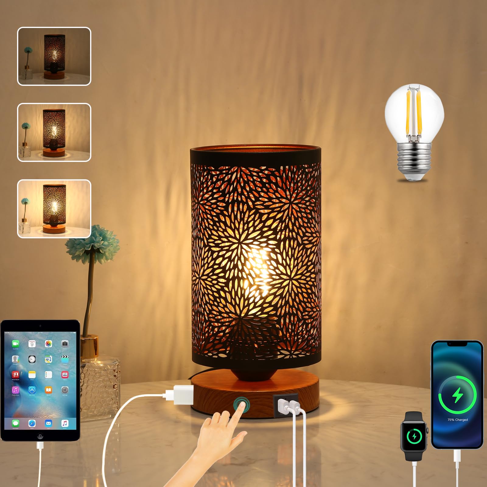 Tingsize Table Lamp for Night Stands, Bedside Lamp with USB Port and Outlet, Touch Lamps for Bedroom, Bed lamp with Metal Shade for Home Deor,LED Bulb