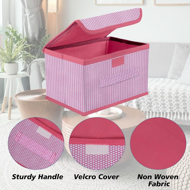 Image of Non Woven Multipurpose Zig Zag Storage Box /Bin With Lid & Side Handle Wardrobe Closet Organizer For Clothes, Toys, Books (Pink, Pack of 2)