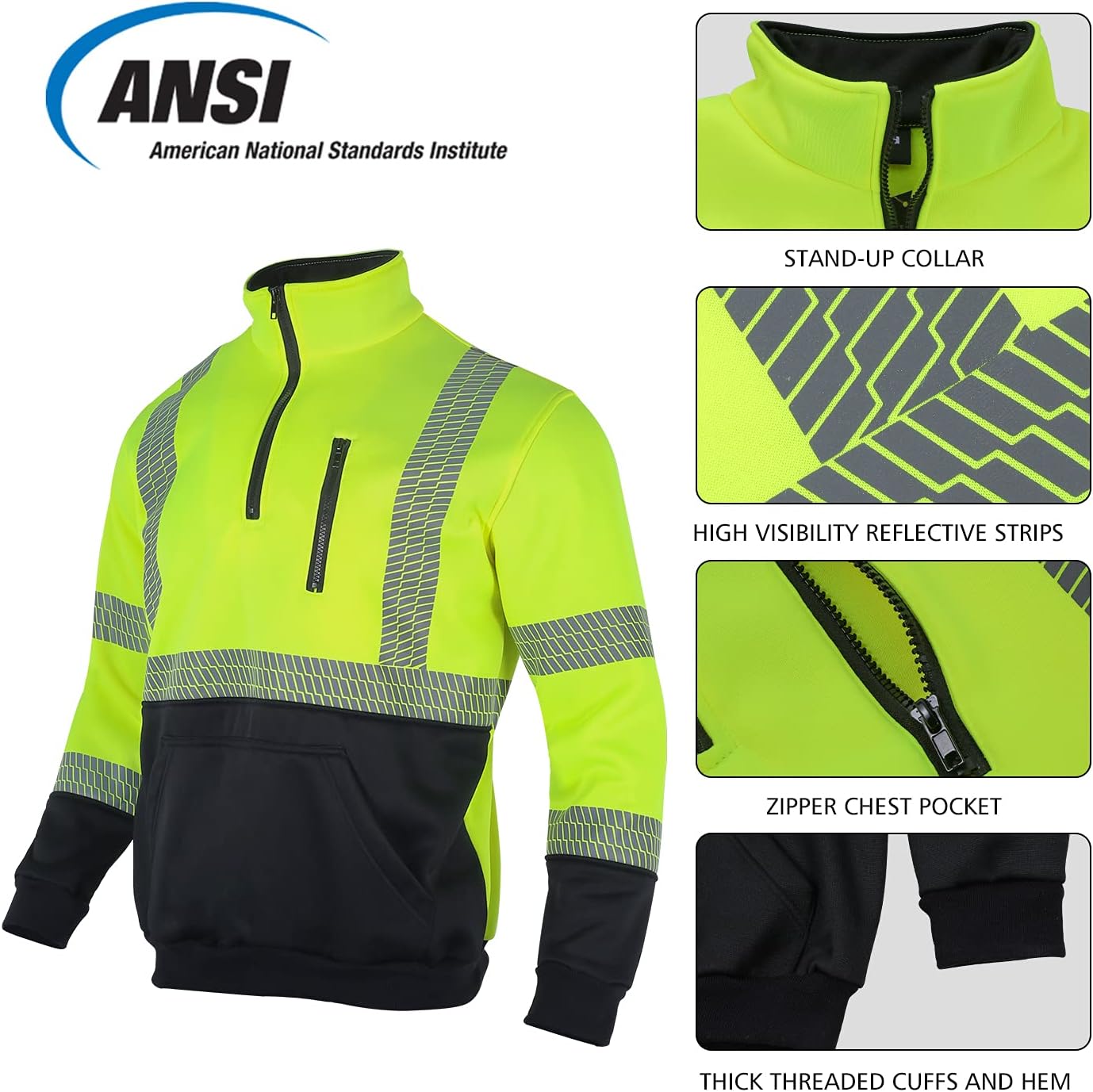 VENDACE Hi Vis Safety Reflective Sweatshirt for Men ANSI Class 3 High Visibility Fleece 1/4 Zipper Jacket No Hood (Yellow,2XL) - Image 4