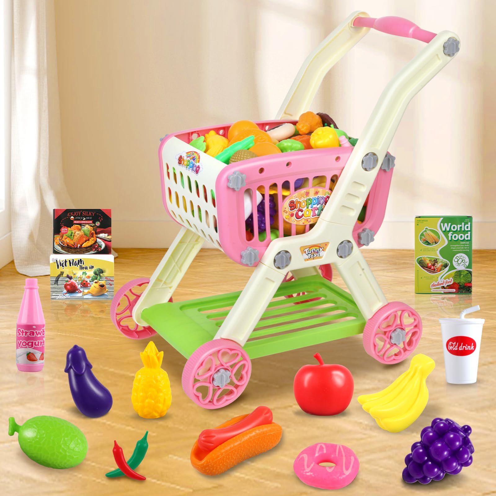 Kids Shopping Cart - 2 in 1 Toy Shopping Cart with Play Food Fruit Vegetable Dessert and Shop Accessories, 72pcs Pretend Play Grocery Store Toy Kitchen Game Trolley Play Set for Kids (Pink)