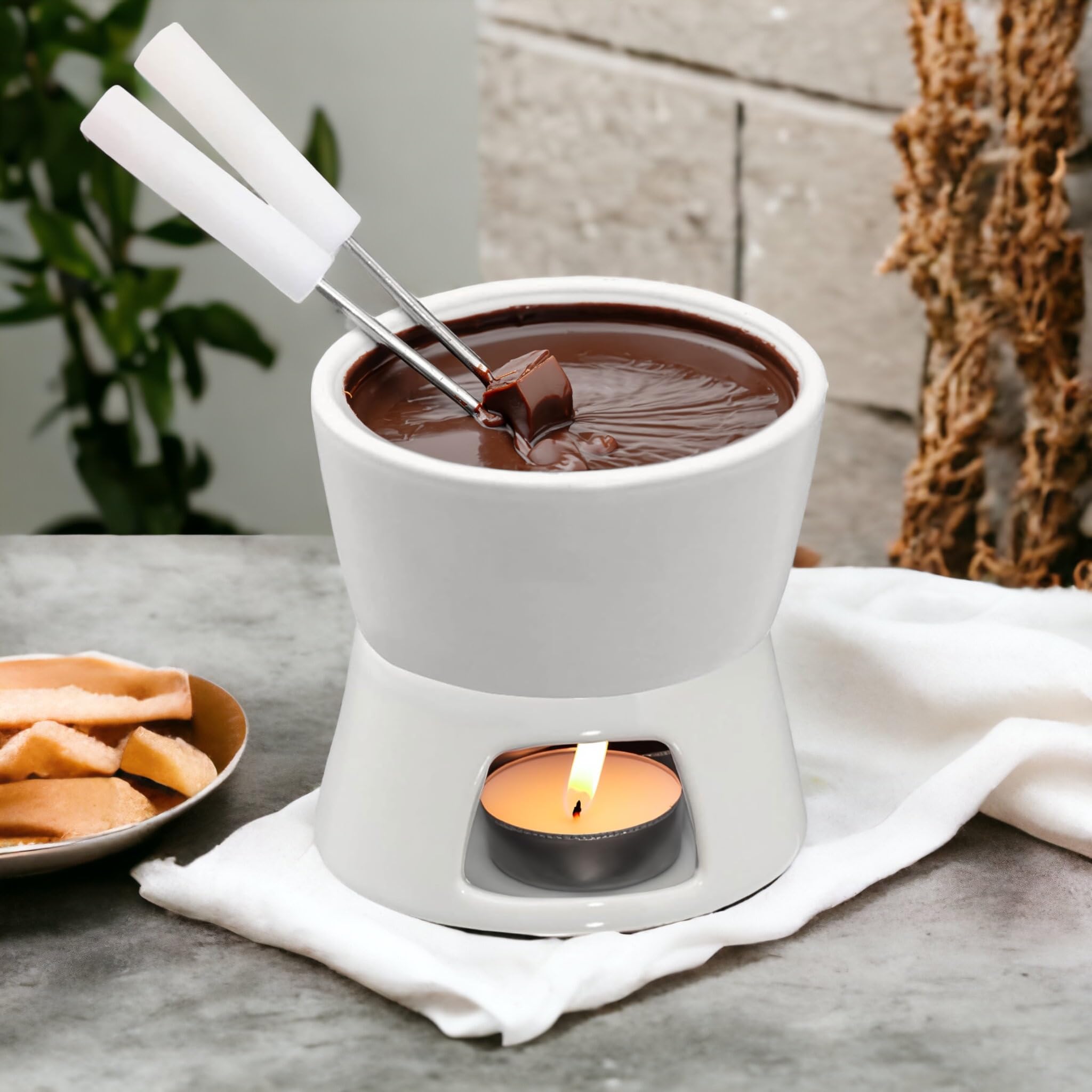 MIJOMA Mini set per fonduta di cioccolato – Scopri il puro piacere del cioccolato – Design alla moda ed elegante in bianco, con 2 forchette per fonduta, ideale per biscotti e frutta, ceramica, 10 x 9