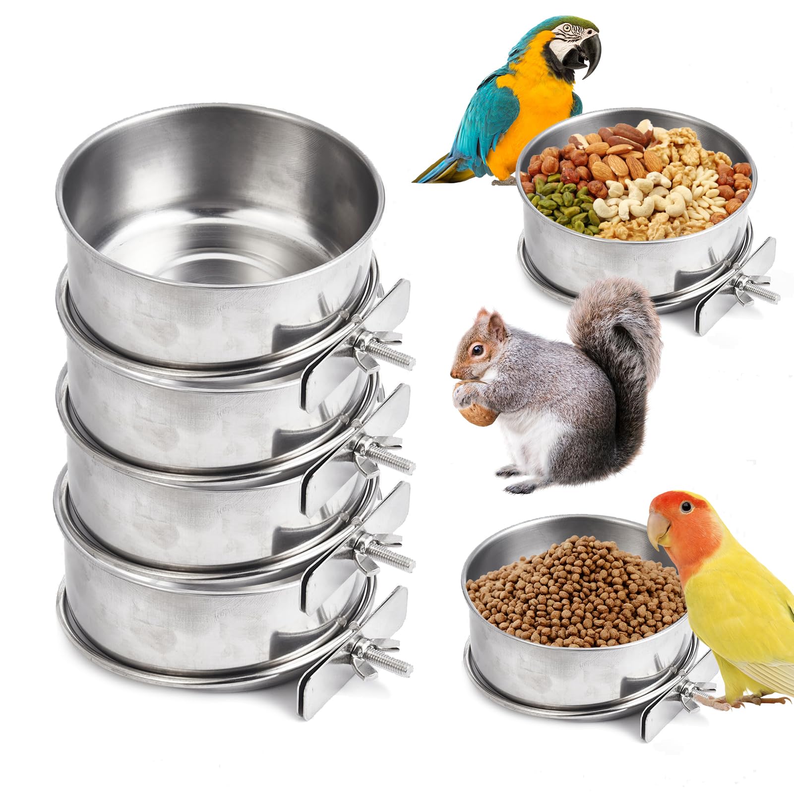 4Pcs Bird Feeding Dish Cups, Detachable Stainless Steel Food Water Bowls with Clamp, Hanging Pet Feeders for Parrots, Cockatiels, Conures and Budgies,10x4.5cm