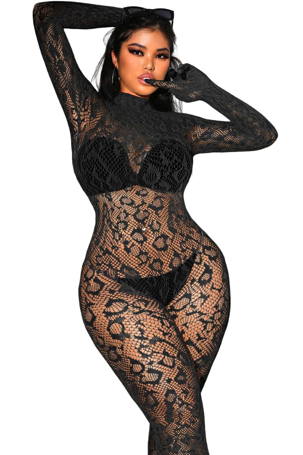 Women Sexy Lace Leopard Jumpsuit, Fishnet Bodysuit Glow Party Club, Poster One Piece Mesh Full Body Rave Outfits