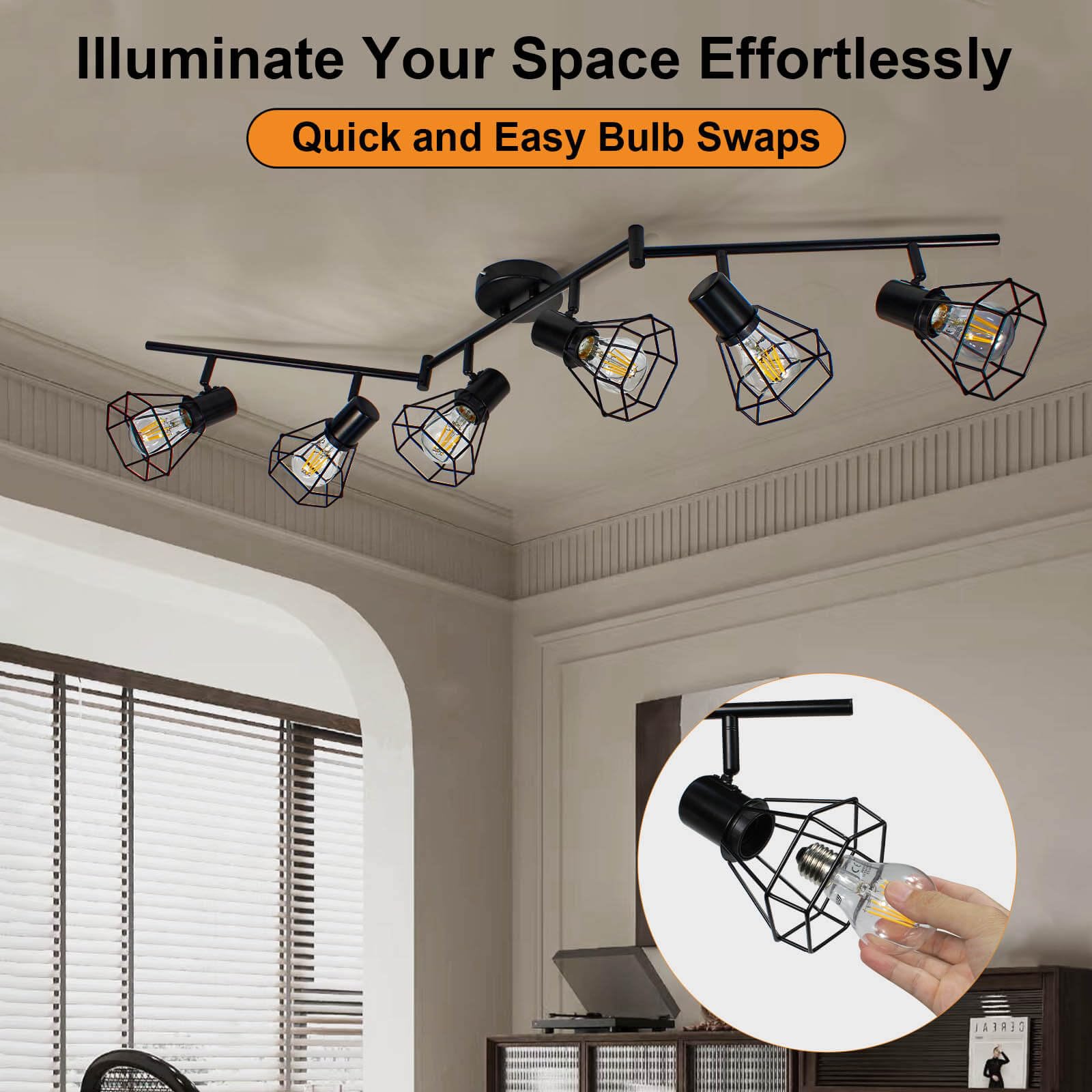 Iluminación de pista de 6 luces, lámpara de techo giratoria direccional, foco negro de pista de granja para cocina, dormitorio, sala de estar, base E26 (bombillas no incluidas) 6