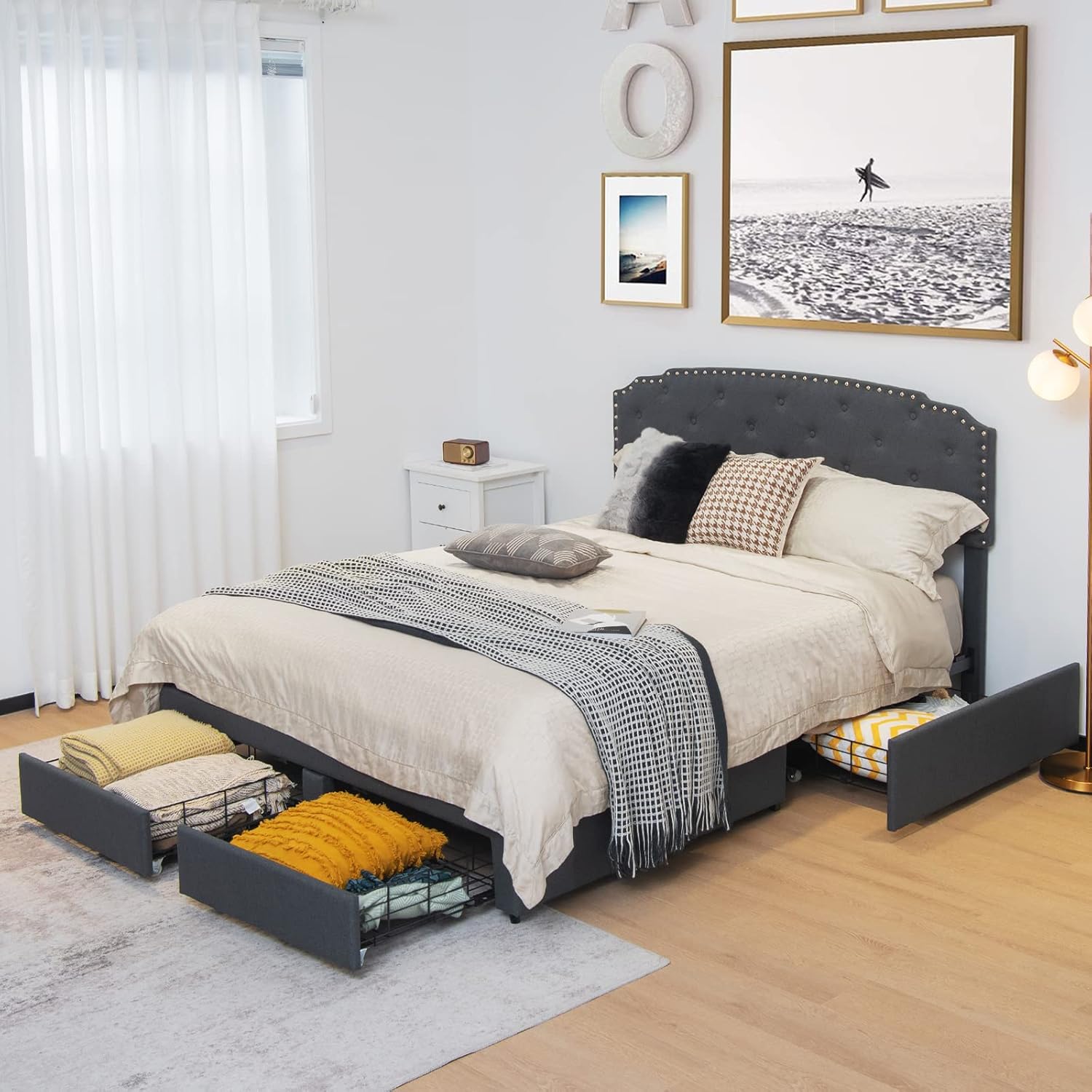 GORELAX Upholstered Queen Bed Frame with 4 Storage Drawers & Adjustable