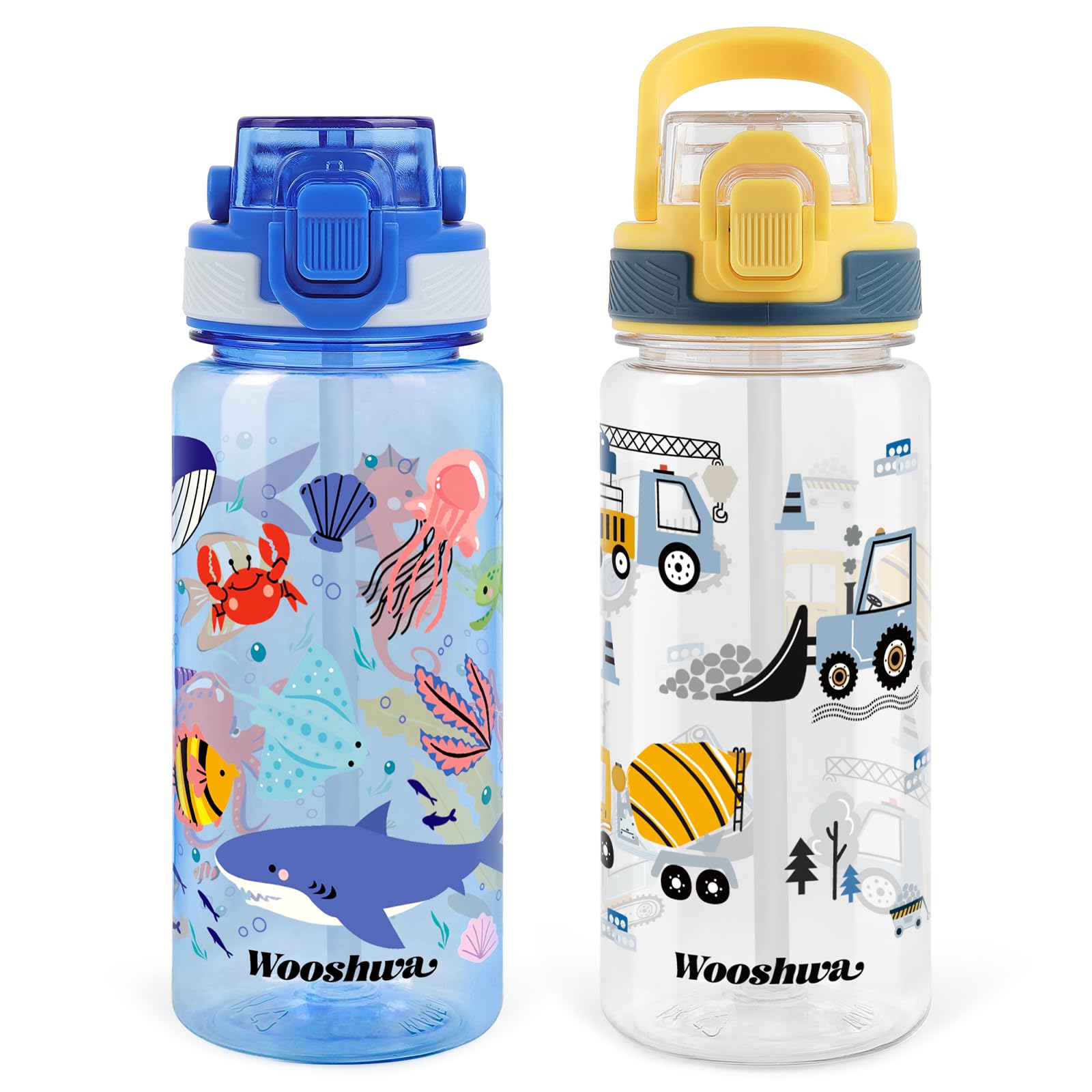omedecal 2Pcs Kids Water Bottles, 600ml BPA Free Water Bottle with Straw and Handle, Childrens Sports Drinks Bottle, Personalised Cup for Boys Girls, School (Excavator+Marine Animals)