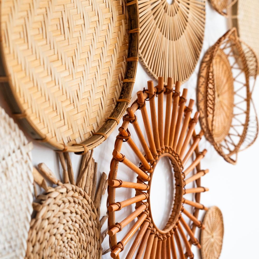 Set di 9 cestini da parete in rattan, bambù ed erba marina, decorazione da parete 3D in stile boho, per soggiorno, camera da letto e corridoio, decorazione da parete sostenibile