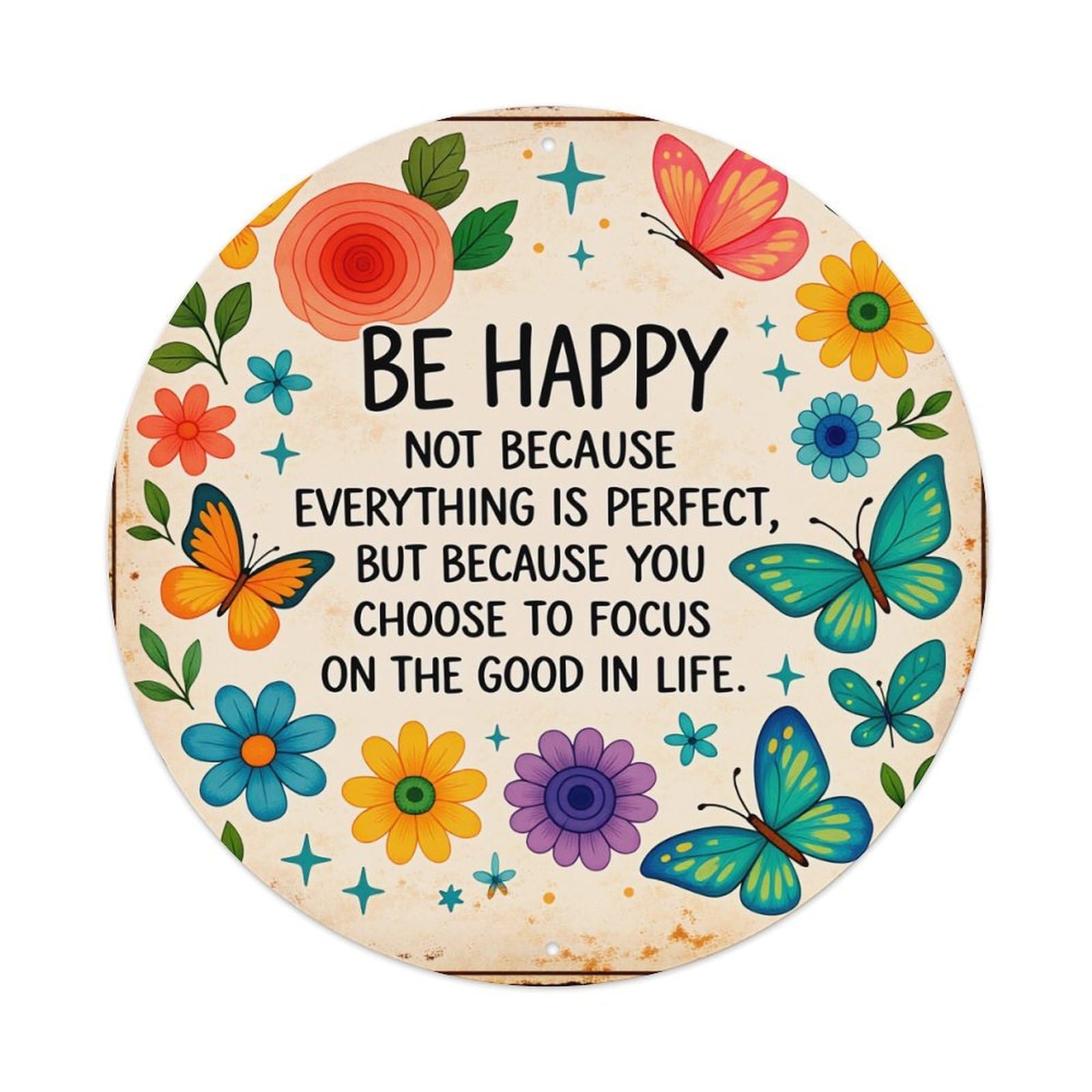 Floral Butterflies And Stars Pattern Round Tin Sign Retro Metal Sign for Cafe Bar Pub Home Game Room Gym Club Wall Decoration Vintage Metal Poster 8x8 Inch