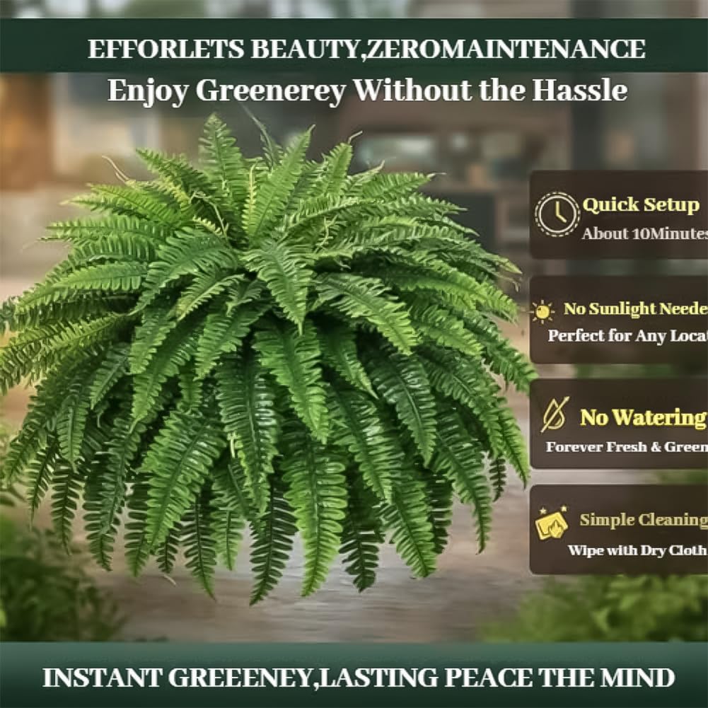 2026 New UV Resistant Lifelike Artificial Boston Fern, Large Fake Ferns, 38/60/88 Leaves Silk Artificial Ferns Maintenance-Free for Outdoor Hanging Baskets, Porch, Garden Décor (60 Leaves)