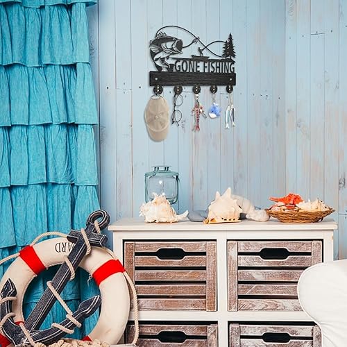 Miniatura 3 de MAYJOYDIY Perchero de madera para pescado, 5 ganchos de aleación, montado en la pared, 11.8 x 8 pulgadas, tema de pesca, estilo Art Deco, pasillo,