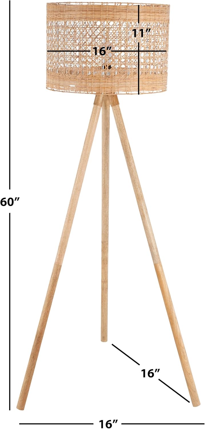 SAFAVIEH Lighting Collection Akroyd Boho Coastal Natural Rattan Wood 63-inch Tripod Floor Lamp