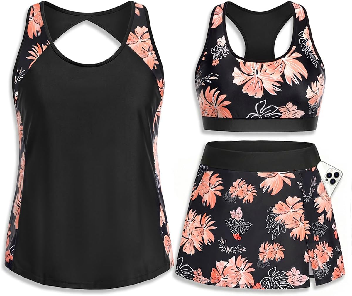 Daci Women Plus Size 3 Piece Tankini Swimsuits with Pockets Skirts