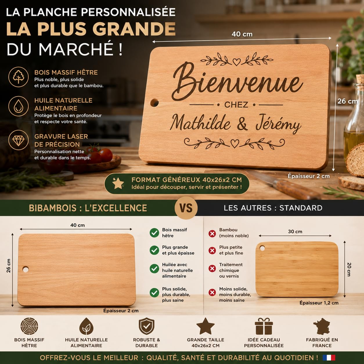 Planche à découper personnalisée en hêtre massif – Planche apéro gravée – Texte personnalisé – 40 × 26 × 2 cm – Cadeau mariage, couple, famille, crémaillère – BIBAMBOIS