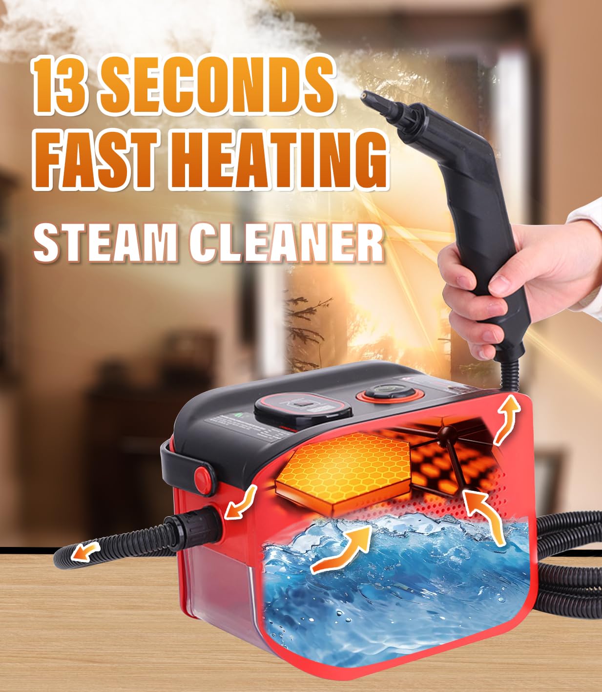 Steam Cleaner, 1500W Powerful Multipurpose Power Steamer, Heavy Duty Canister Steamer, 13s Heat-Up, 1.2L Tank, 3-Level Adjustable Handle with Accessories for Home, Car, Dirt (Red)
