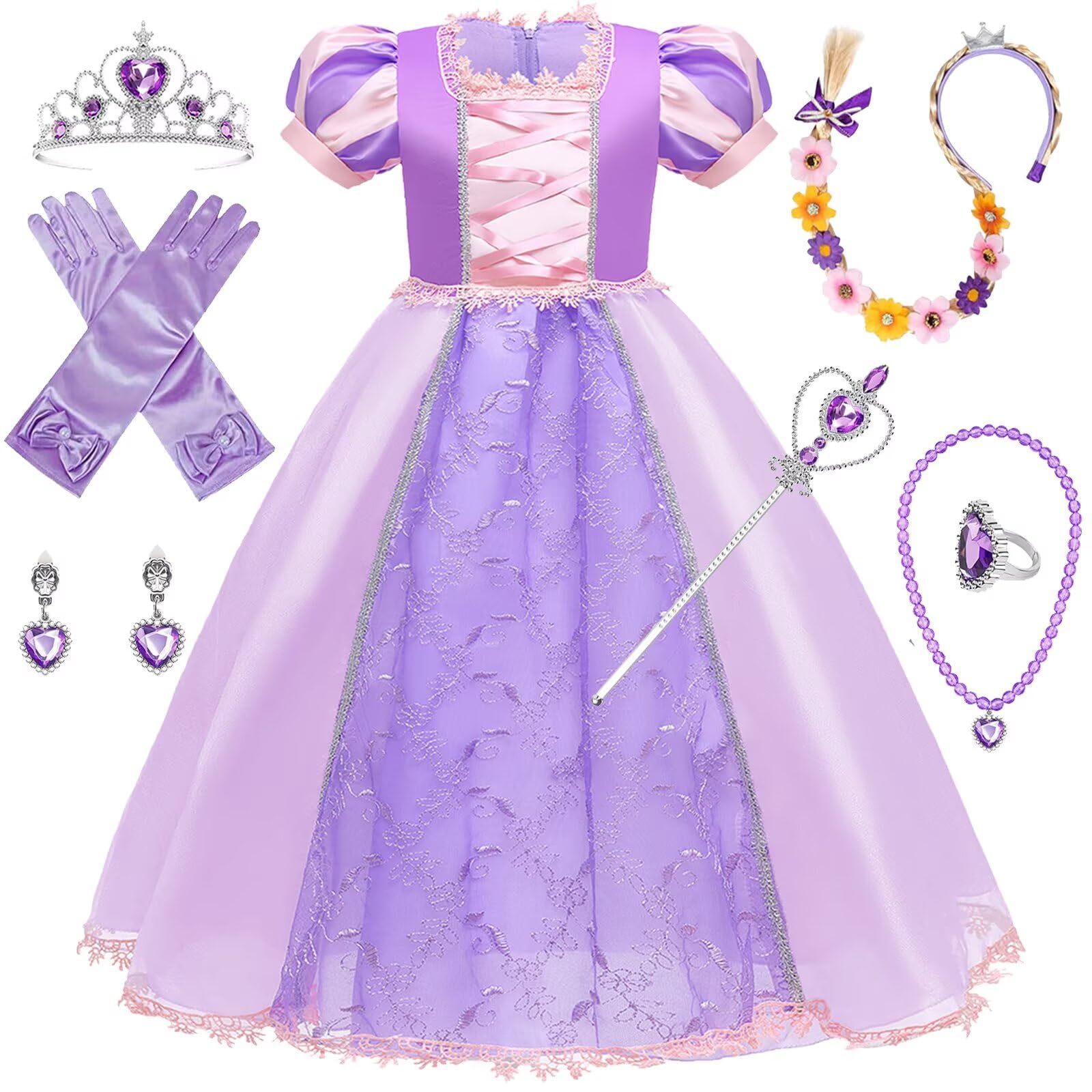 PIXUYE Princess Dress Up For Girls Princess Fancy Costume With Braided Wig Crown Fairy Wand Necklace Sets Party Tulle Fancy Dress Halloween Christmas Carnival Word books Days Cosplay Costume,T02-110