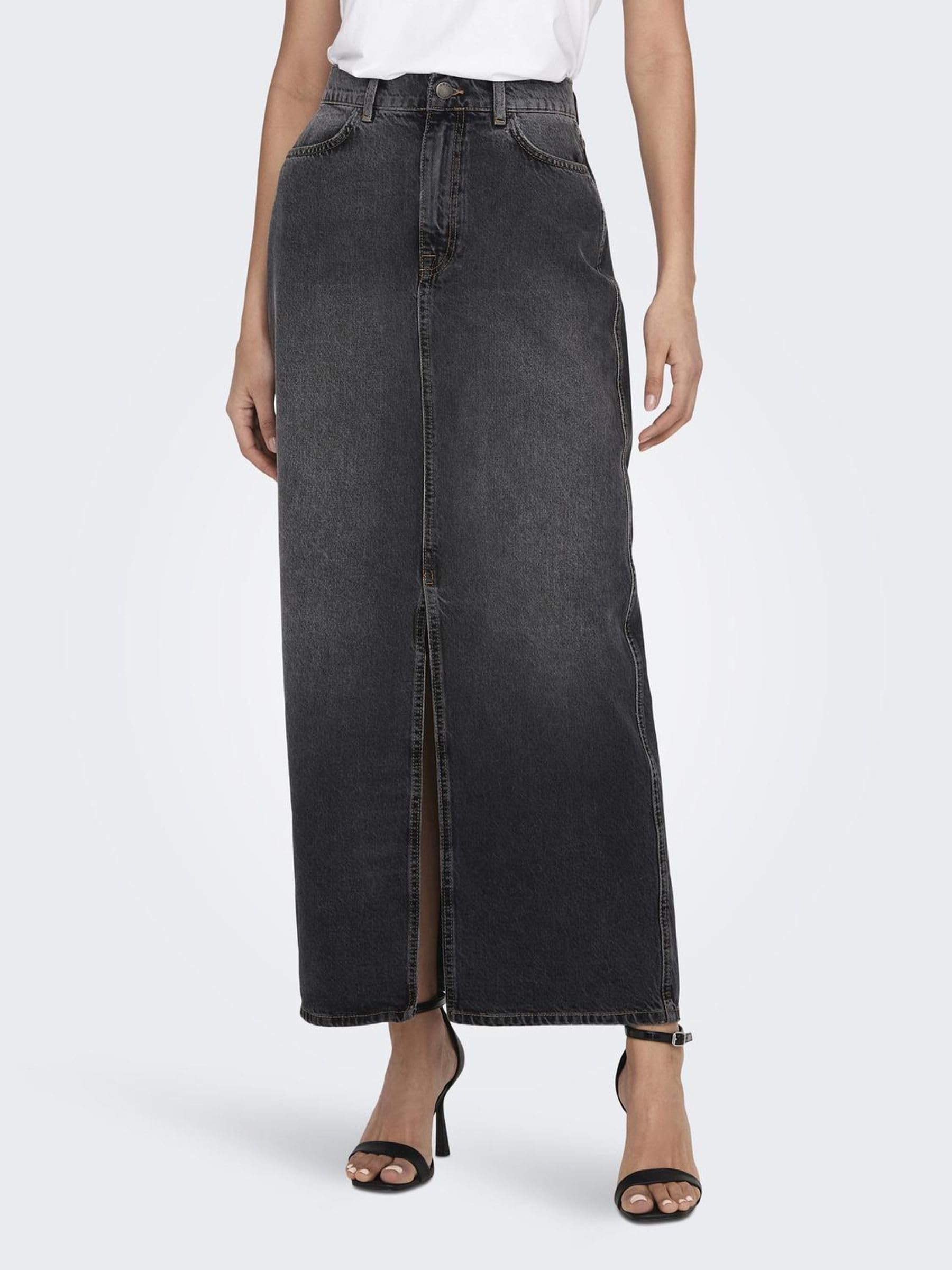 ONLY Jupe Longue en Jean pour Femme avec Fente Stone Denim Wash Taille mi-Haute et Poches Avant.