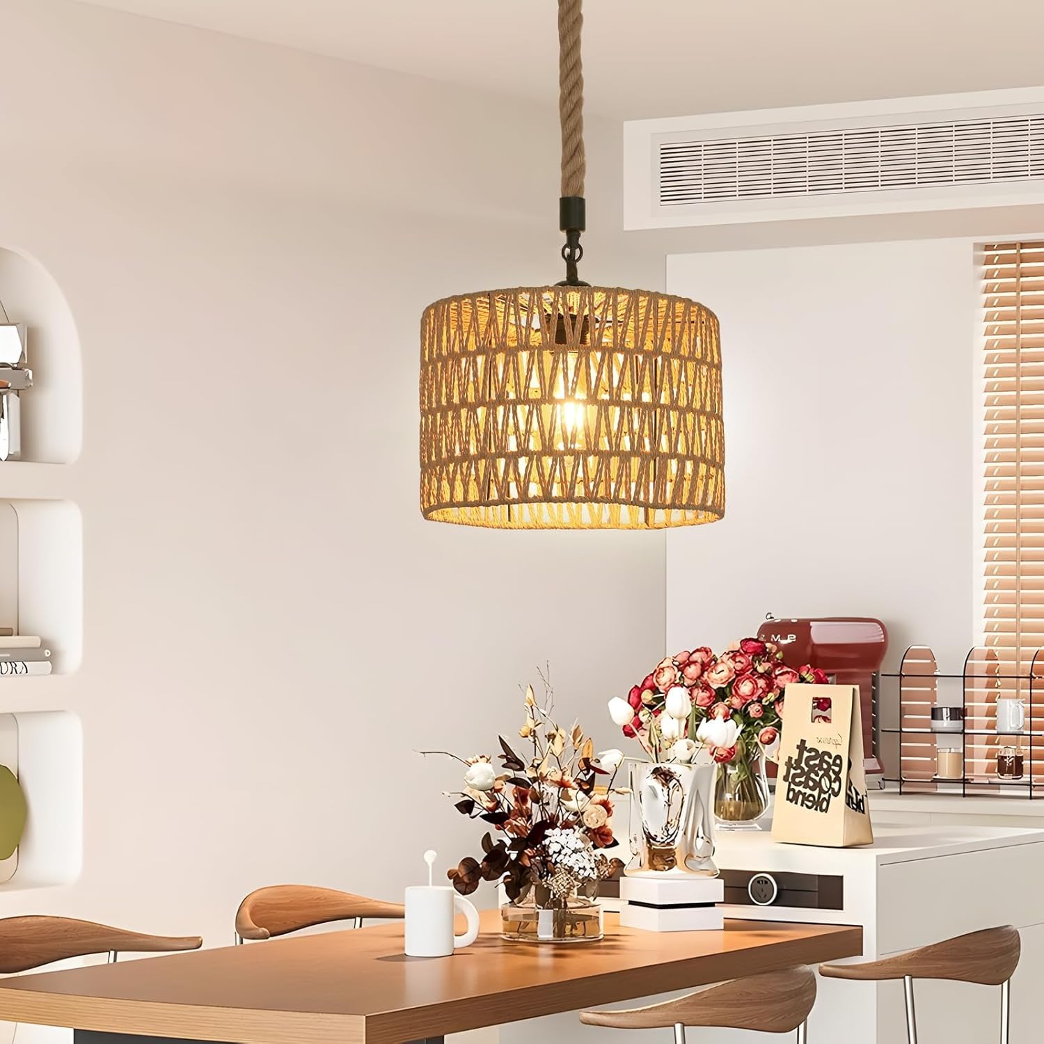 FORCOSO hanglamp eettafel, vintage hanglamp van rotan, E27 boho-lamp