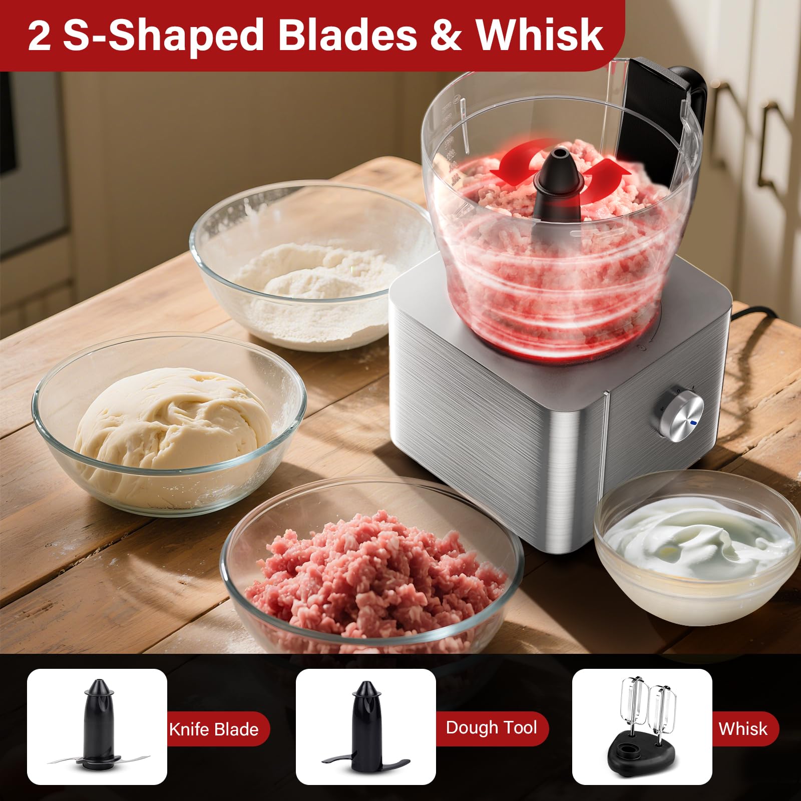 SNDOAS Robot da Cucina Multifunzione, 1100 W Frullatore Tritatutto Multifunzione, Ciotola 3,2 L, Frullatore da 1,5 L, Macinacaffè, Frusta, Argento