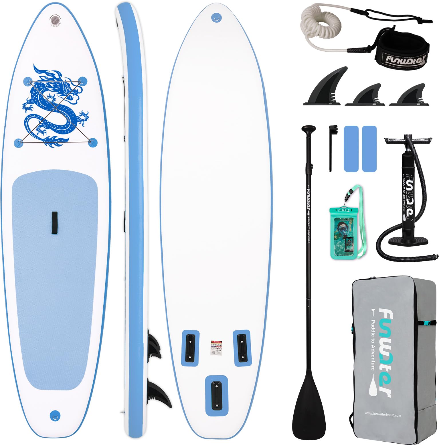 FunWater Aufblasbares Stand Up Padding Board, Ultra-Leicht SUP Board Zubehör: Verstellbares Paddel, Pumpe, Rucksack, Leash, Finnen – Für alle Könnerstufen