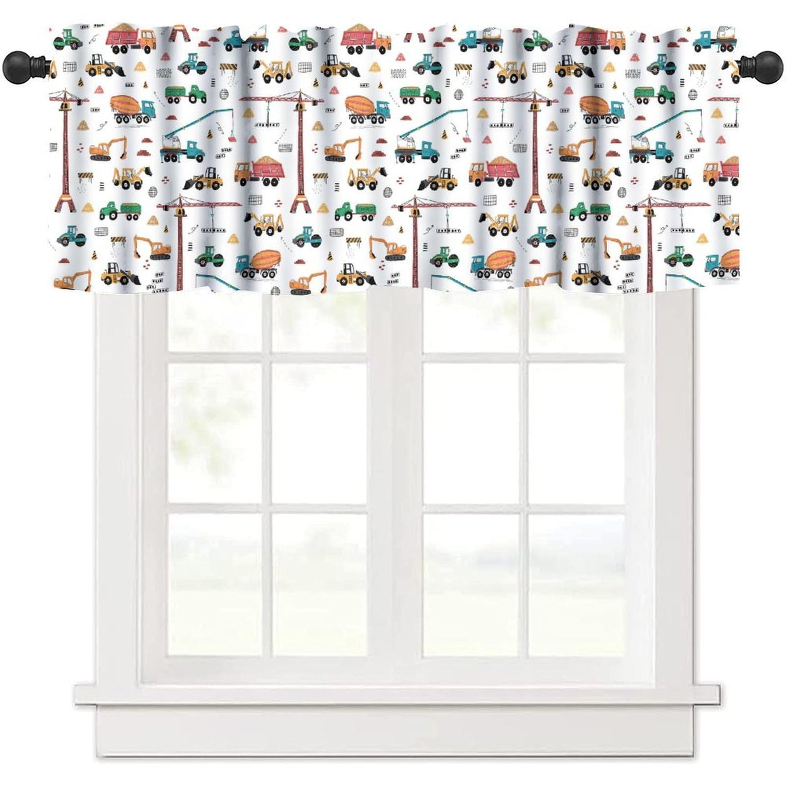 moderw Kids Construction Window Valance Curtains, Cartoon Construction Machines Building Window Treatment Valance for Girls Boys Bedroom Living Room Home Decor 54x18inch