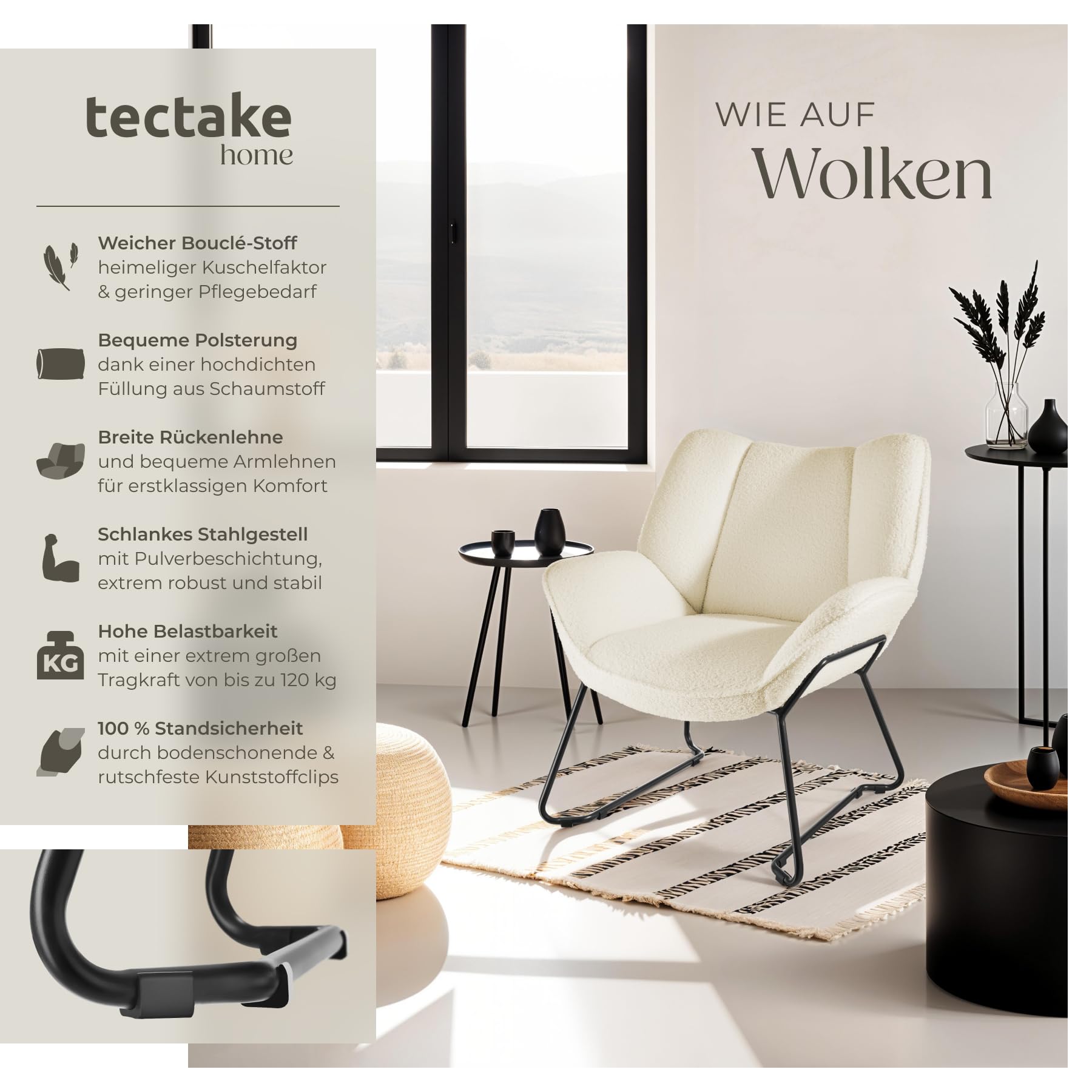 tectake® runder Sessel, Relaxsessel, Teddysessel, Kuschelsessel mit Bouclé Bezug, Plüsch Lesesessel bequem, Loungesessel als Stillsessel, Kinderzimmer, Wohnzimmer Sessel - Creme-weiß