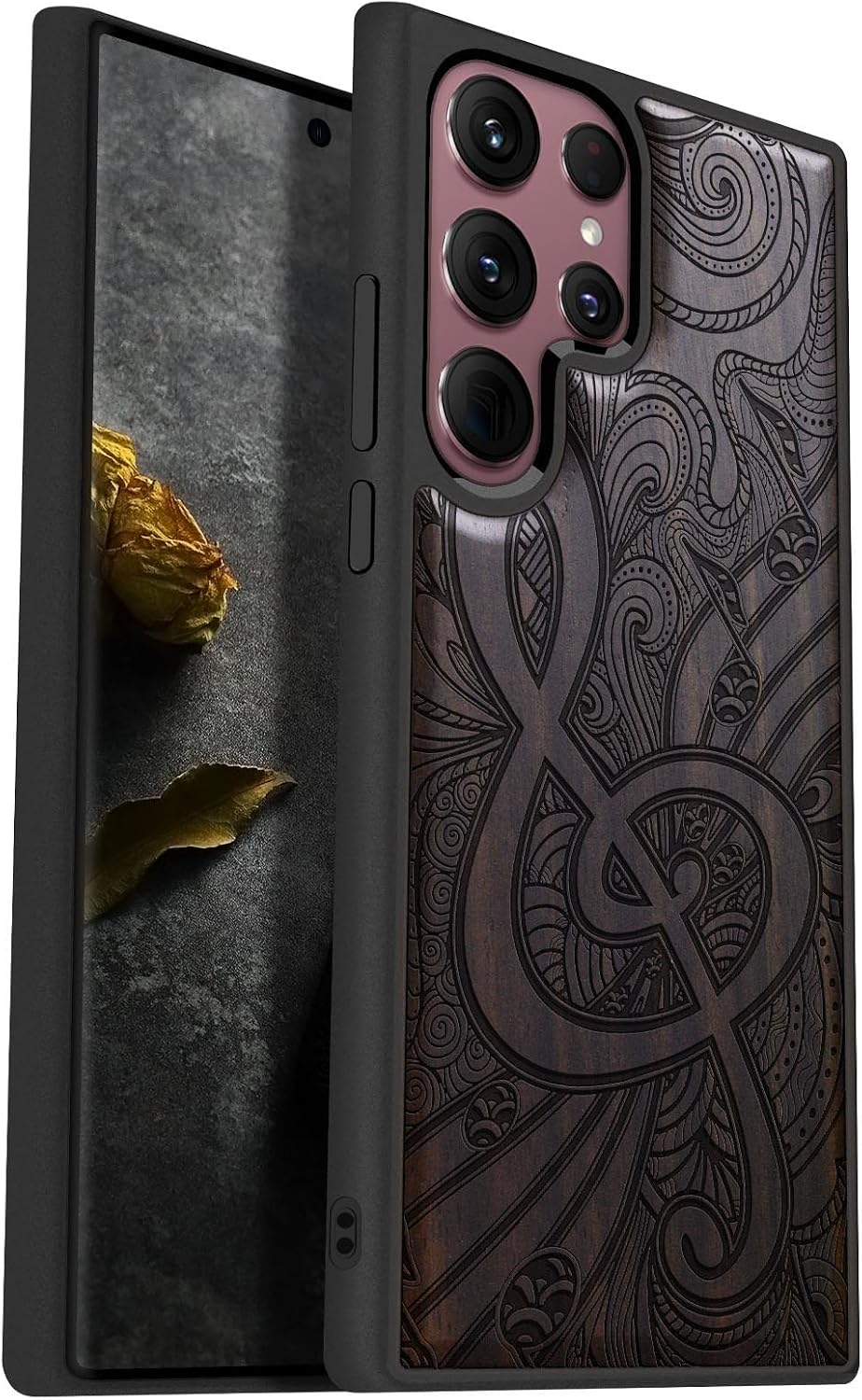 Carveit Wood Case for Galaxy S22 Ultra Case [Natural Wood & Black Soft TPU] Shockproof Protective Cover Unique Wooden Design Compatible with Samsung S22 Ultra (Doodle Musical Note-Blackwood)