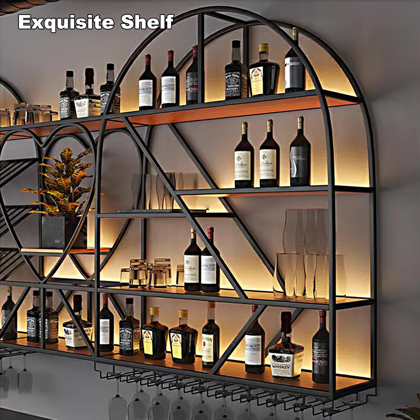 Botellero Vino Pared Creativo Estante Multifuncional de Hierro para Vino, Botellero Vino Metal con Luz Led y Portavasos for Bar Restaurante Club(Gold)