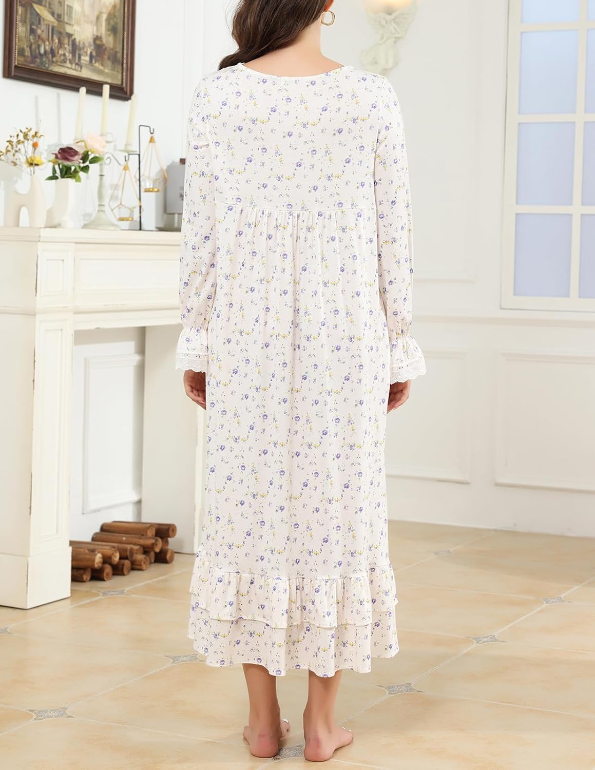 Rubehoow Women's Victorian Nightgown Vintage Long Sleeve Pajama Dress Soft Cotton Lounge Dress Nightwear - Image 4