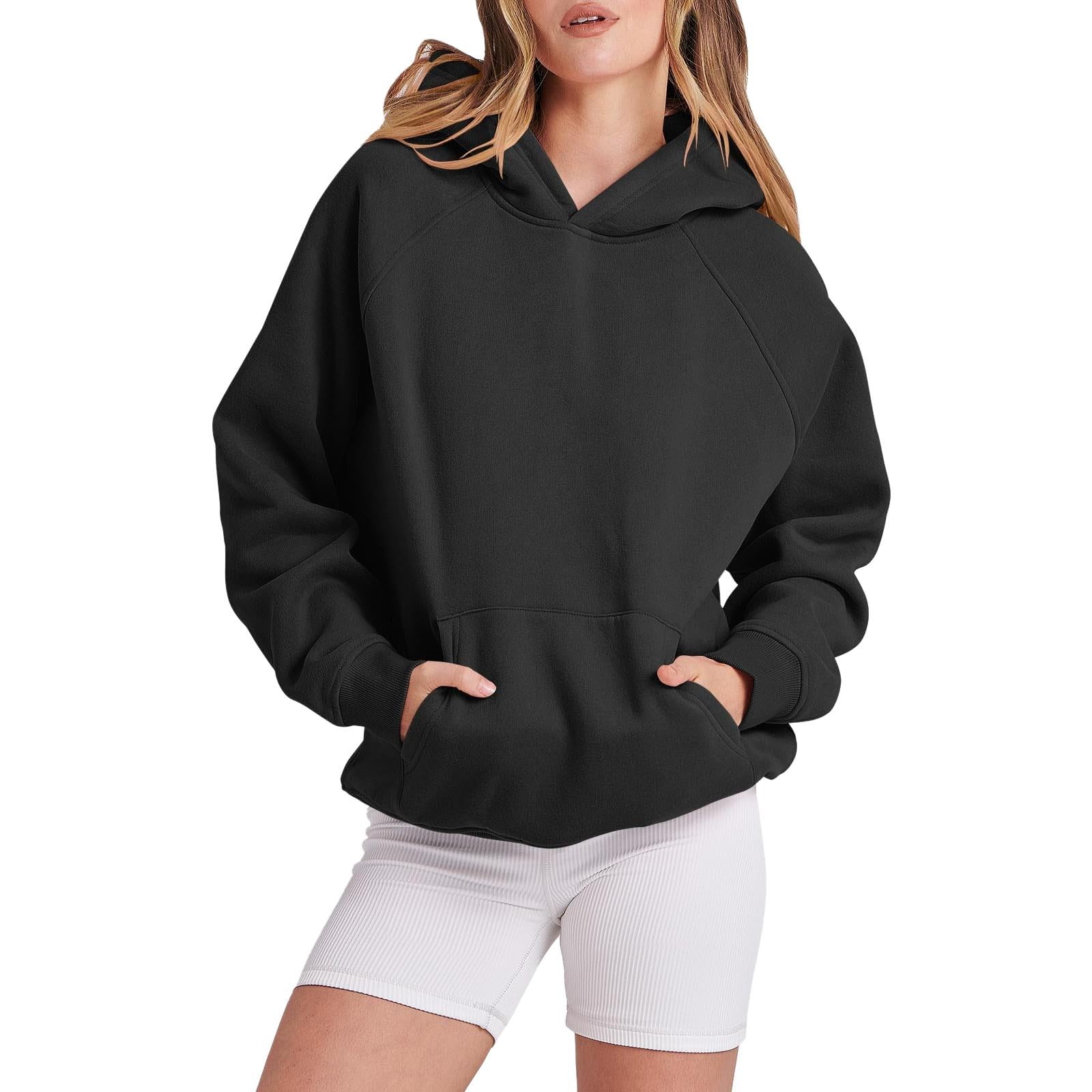 Women Solid Basic Fleece Letter Loose Hoodie Sweatshirt Long Sleeve Pocket Drop Shoulder Pullovers Top Extra Long Womens Hoodie