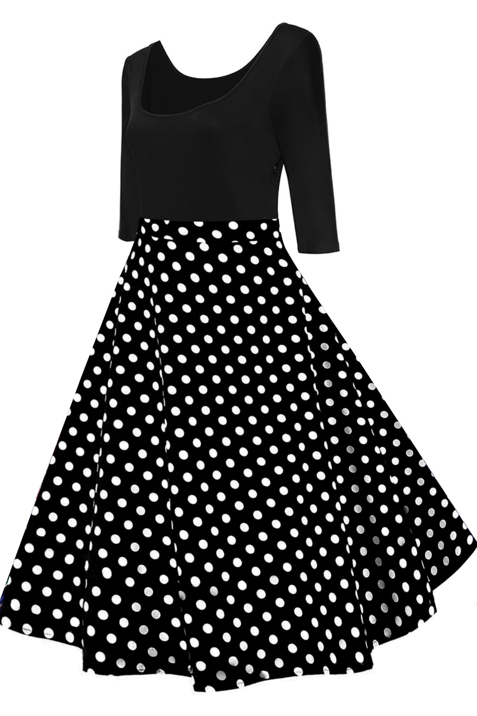AXOE Robe Vintage Femme Années 50 Rockabilly Manches 3/4 | Haut Noir Extensible avec Jupe Imprimée en Coton, Taille Empire, pour Garden-party, Événement Rétro, Dîner, Mariage Invitée