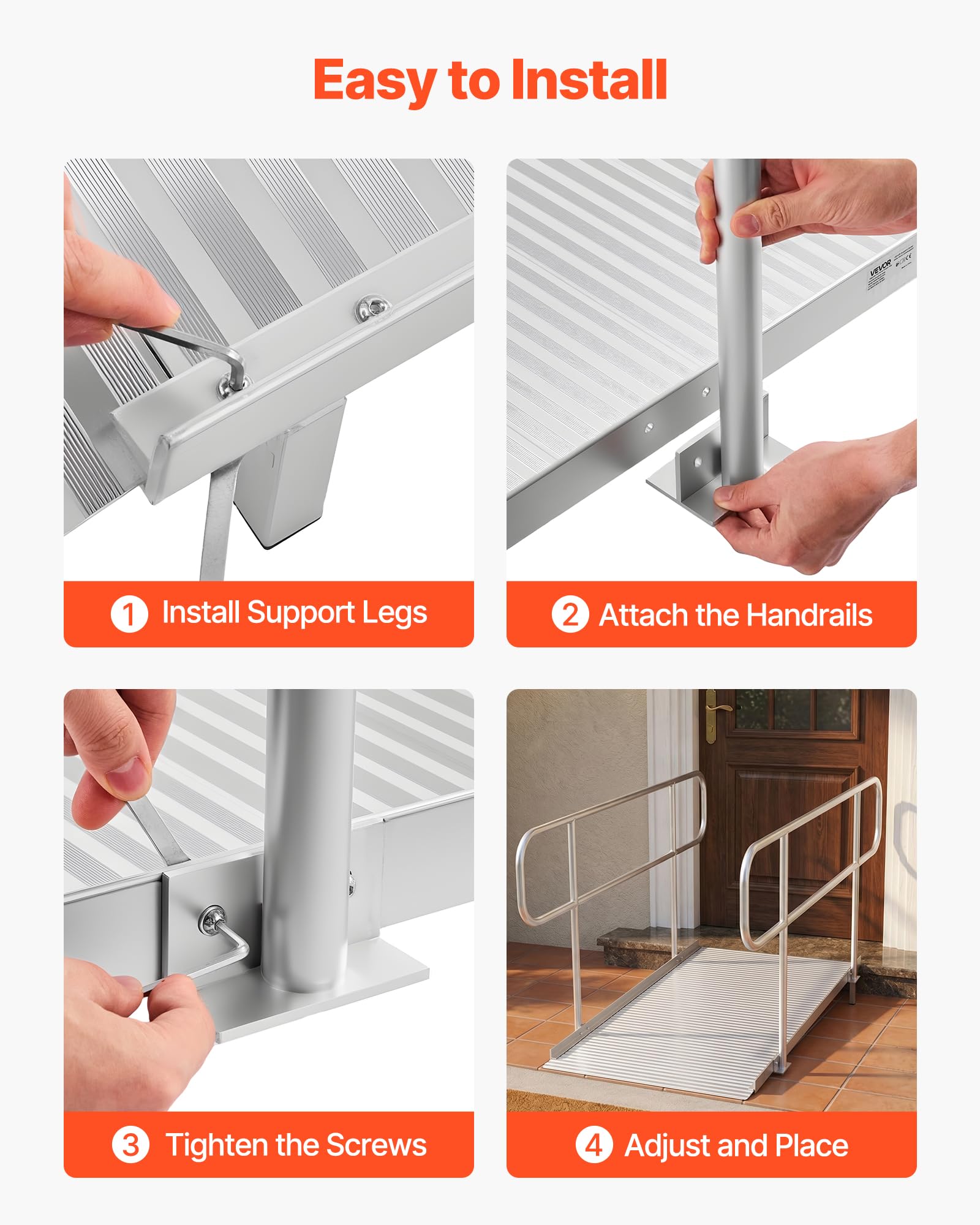 VEVOR Rampa per Sedia a Rotelle con Corrimano, 180 x 83 cm, Rampa per Soglia della Porta in Alluminio Resistente, Portata Massima 453,6 kg, Design Portatile per Gradini, Scale, Porte, Marciapiedi