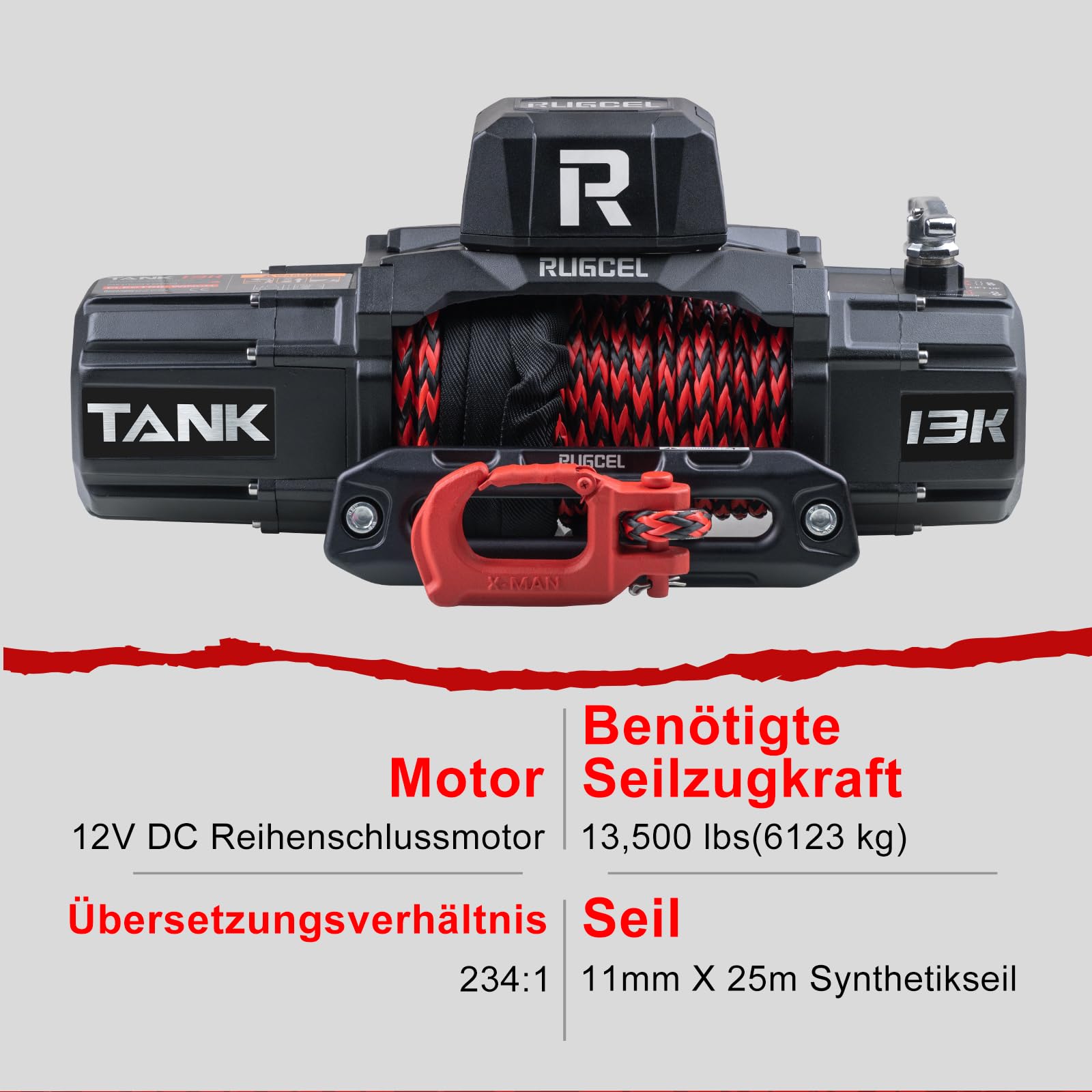 RUGCEL WINCH Elektrische Seilwinde 6123 kg (13500 lbs), 12V DC, IP67 Wasserdicht, Synthetisches zweifarbiges Seil, Hawse Fairlead, 2-in-1 Kabellose Fernbedienung, für LKW SUV Off-Road