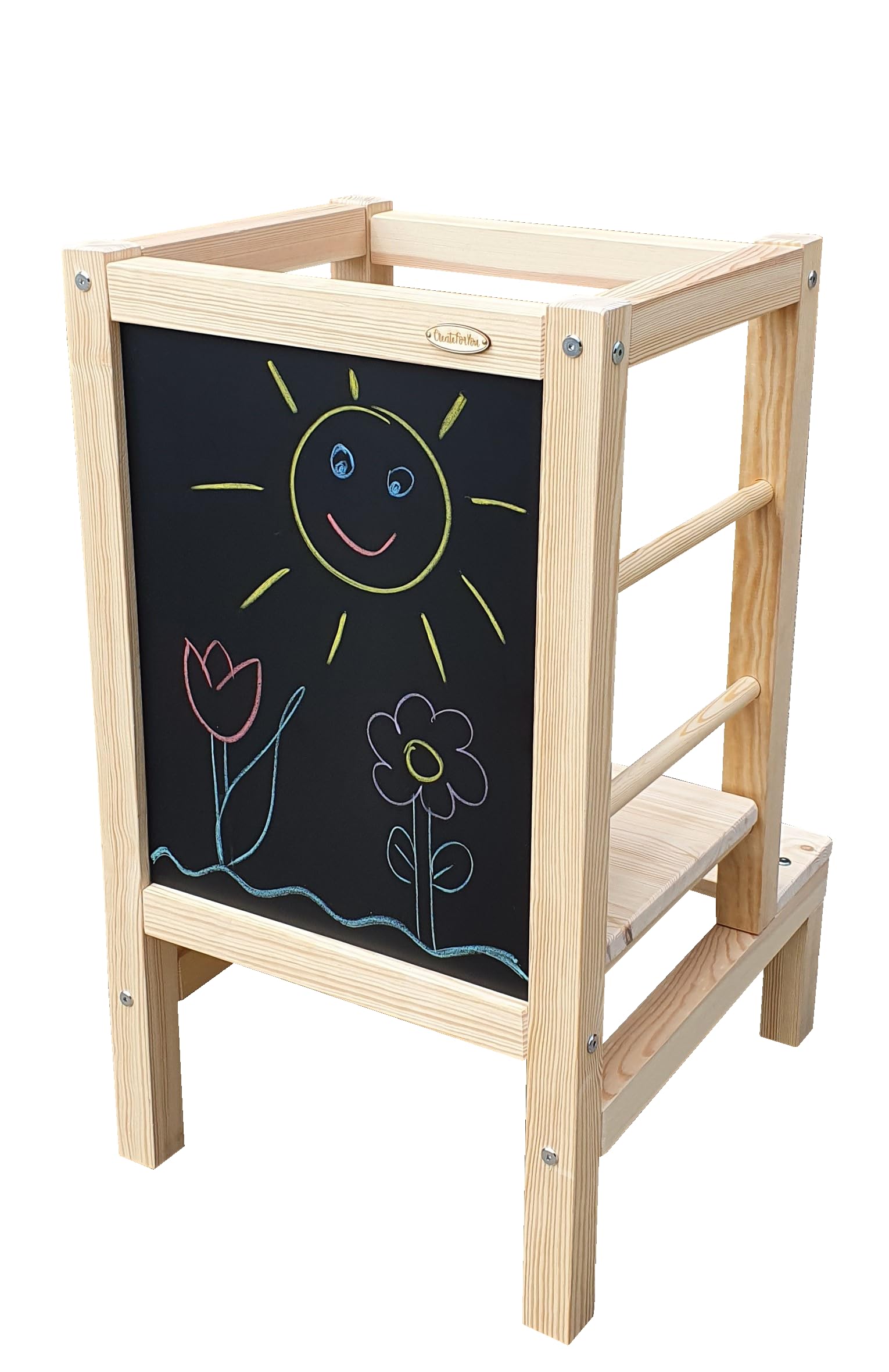 Lernturm Holz, Küchenhelfer für Kinder, Tritthocker Kinder, Trittschemel, Learning Tower, Höhenverstellbar, Massives Kiefernholz, Leicht und Mobil - 45x56x80 cm