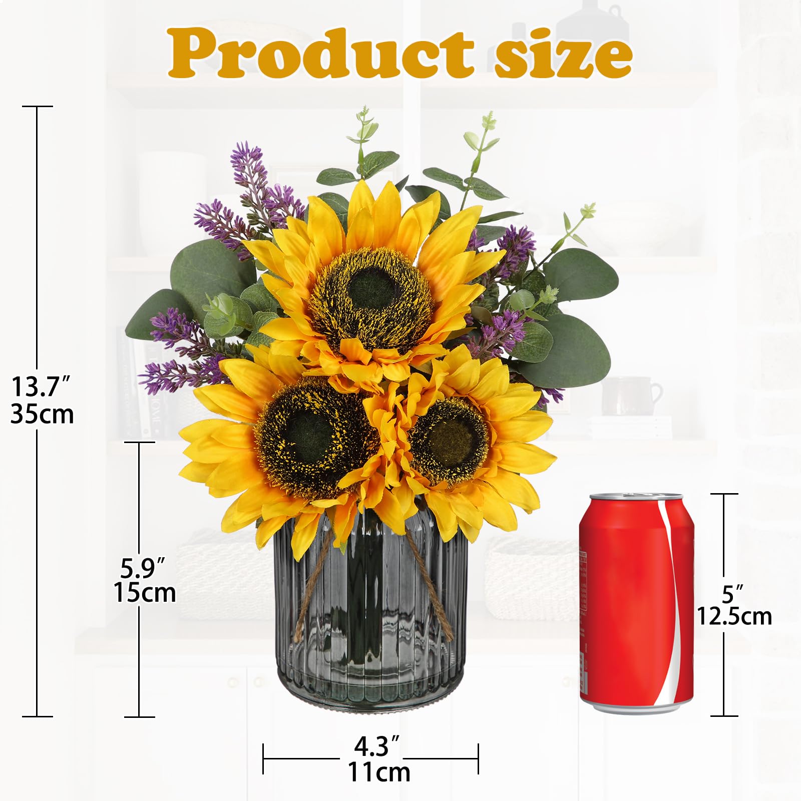 Oairse Girasol artificial con jarrón de cristal, plantas artificiales con eucalipto, decoración de mesa para sala de estar, para bodas, fiestas, arreglos florales, alféizar de ventana, decoración y