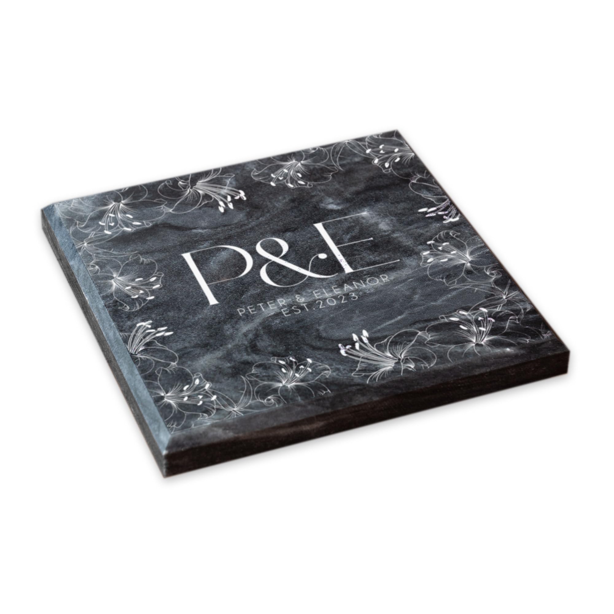 Personalised Solid Marble Coaster Drink Coaster Lily Border Initial Gift (Black)