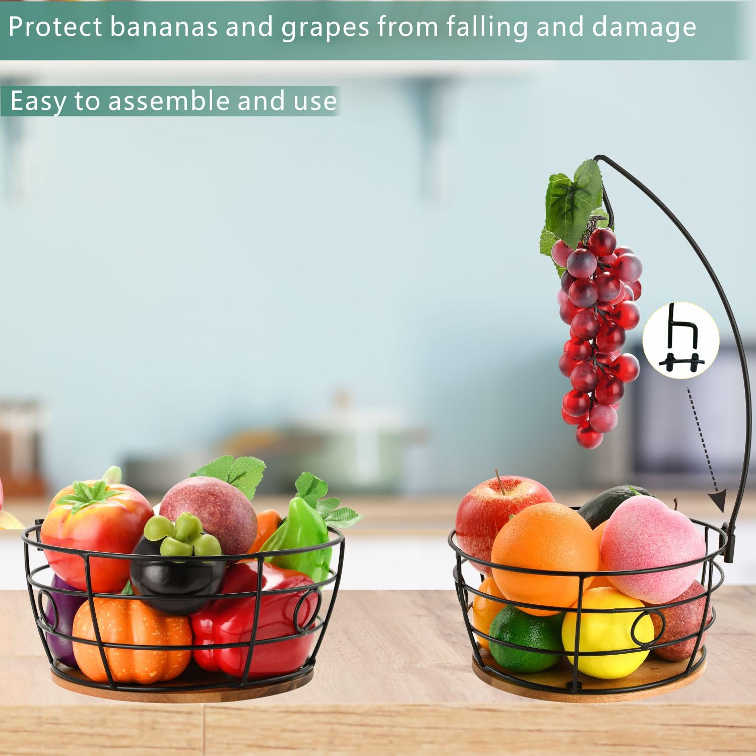 DIYZON Fruit Basket with Banana Hanger, Metal Kitchen Countertop Fruit, Vegetable Bowl, Multifunctional Tiered Storage - Image 4