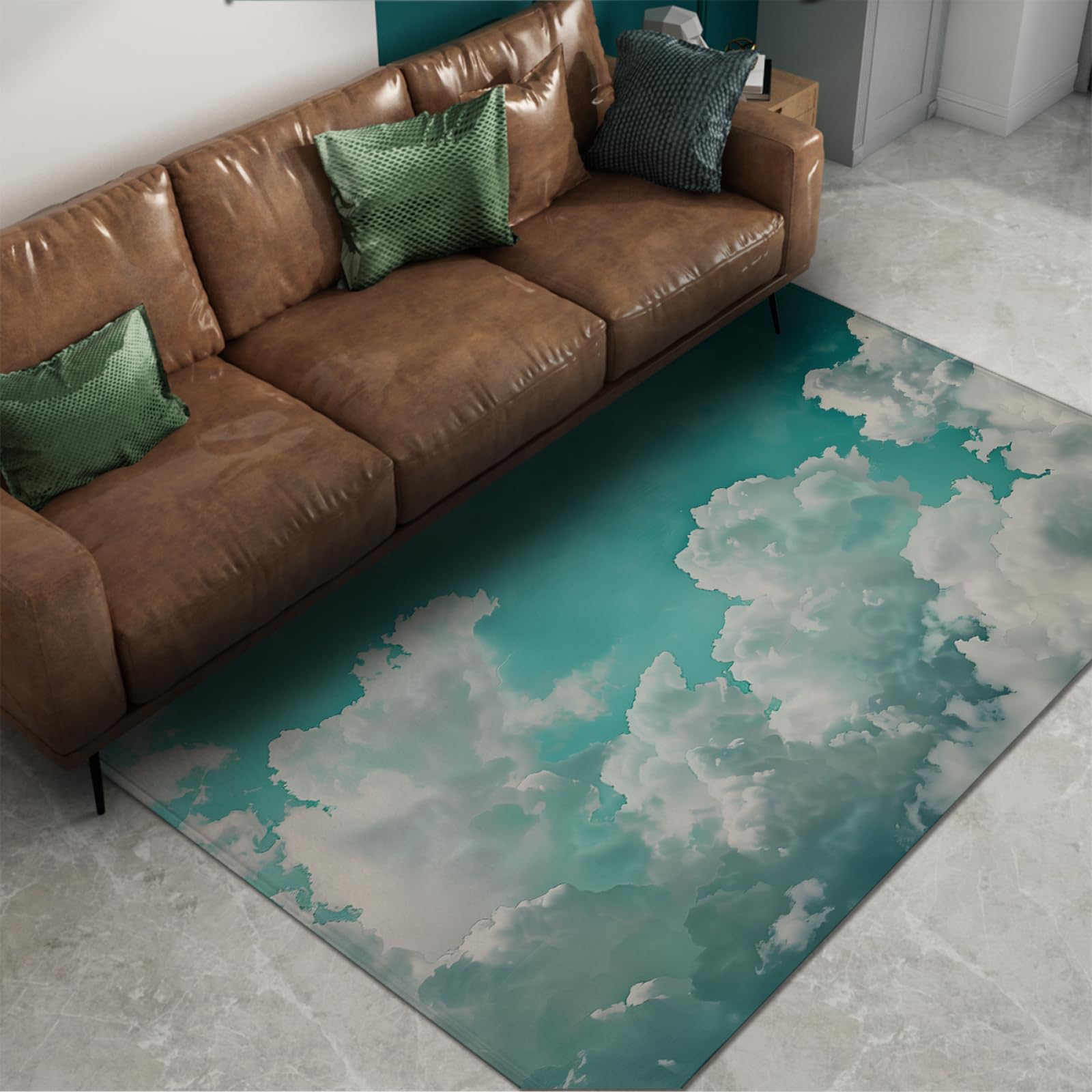 Tapis motif nuages bleu ciel et blanc style minimaliste moderne 90x120