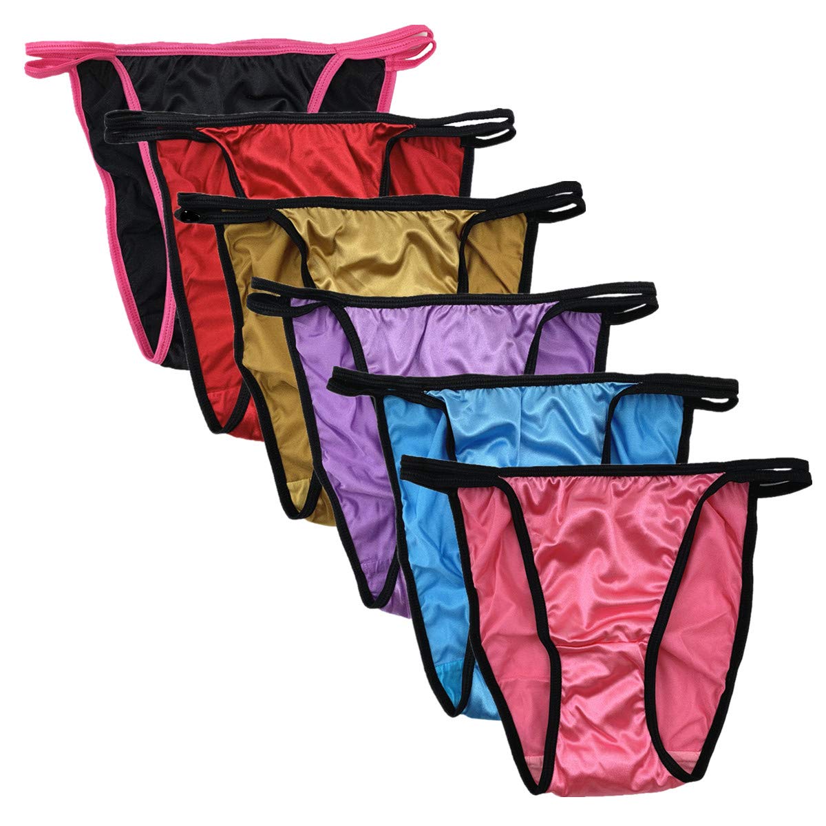 Queen Star Women's Multicoloured Pack Of 6 Satin Tanga Bikini Briefs Knickers High Cut String Panties Underwear (3Xl)