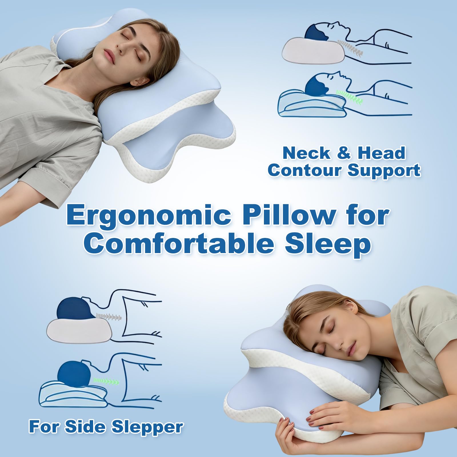 Nackenkissen Kopfkissen - Ergonomisches Kopfkissen für Seiten, Rücken & Bauchschläfer, Memory Foam Kissen mit Kühlung Abnehmbare Kissenhülle （LightBlue）