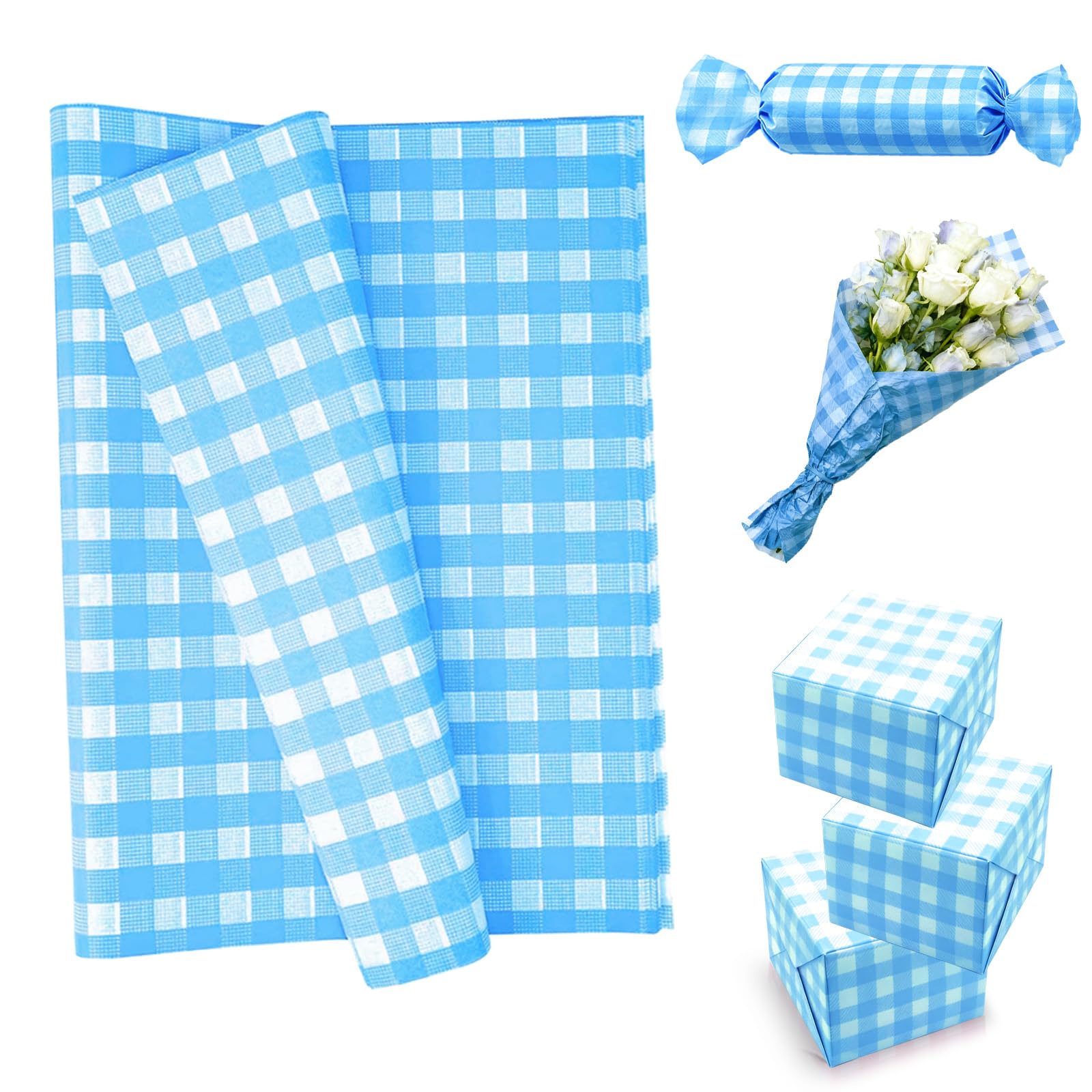 50 Sheets Blue Gingham Tissue Paper for Gift Wrapping, 35x50cm Tissue Paper Bulk for Gift Bags, Gift Packing Paper Wrapping Paper Sheets for Crafts DIY Art Wedding Birthday Baby Shower Party Favor