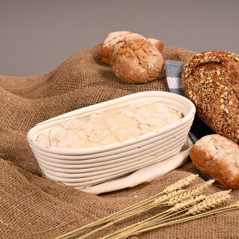 KESPER 19732| 3 er Set Gärkorb/Brotkorb mit Textilfutter Rattan 28 x14 x 8 cm